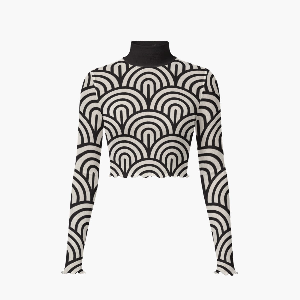 Women's 60s Op Art Two-Piece Set | Sheer Geometric Turtleneck Crop Top & Black Maxi Skirt | Mod Vintage Outfit
