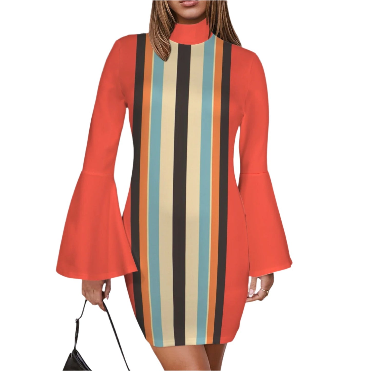 Mod 60s 70s Orange Stripe Bell Sleeve Dress