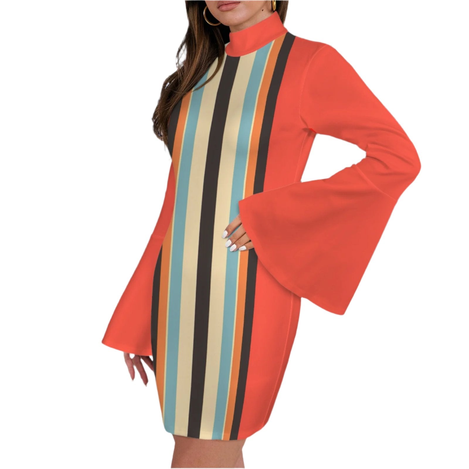 Mod 60s 70s Orange Stripe Bell Sleeve Dress