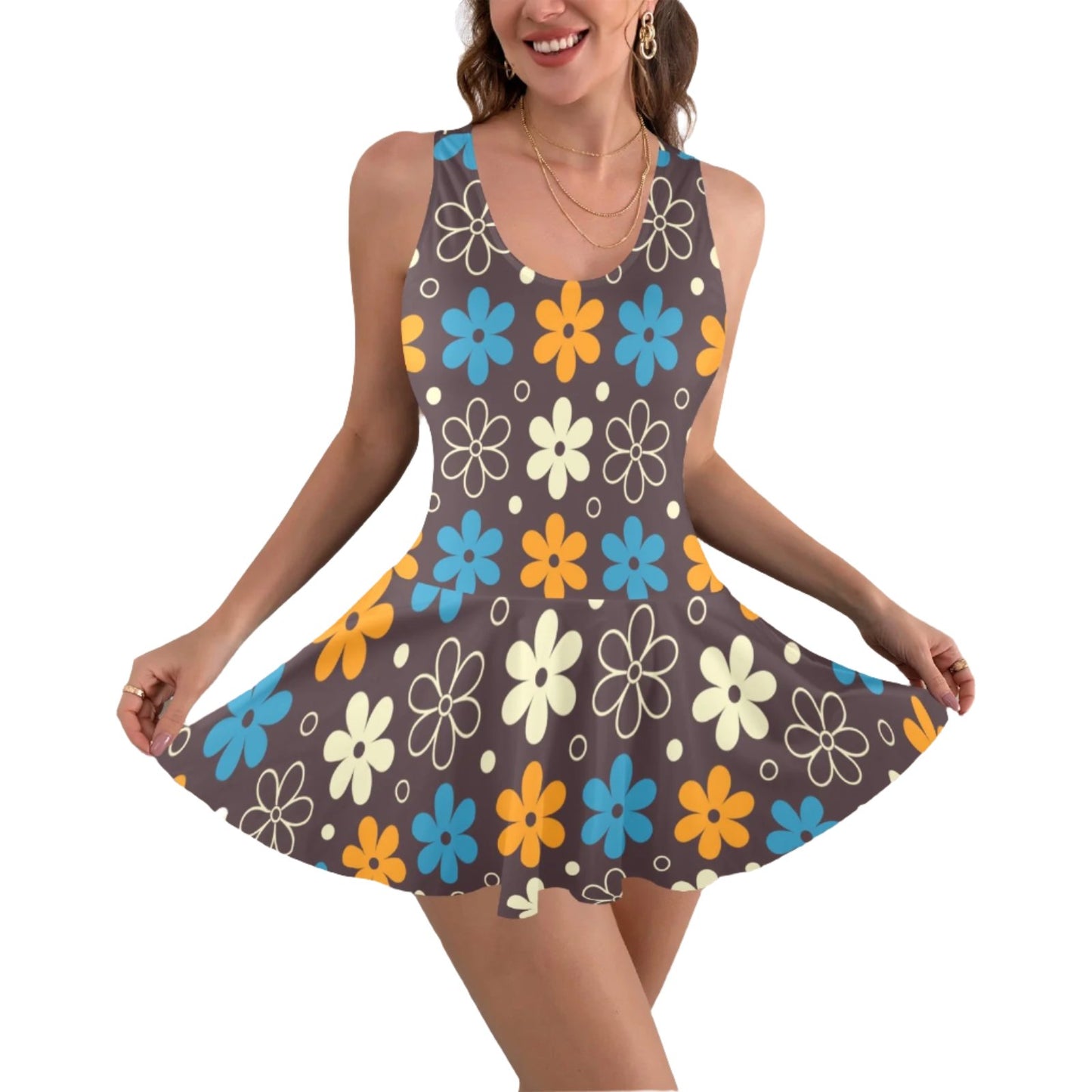 Women's Mod Brown Blue Orange Floral One Piece Skirt Swimsuit