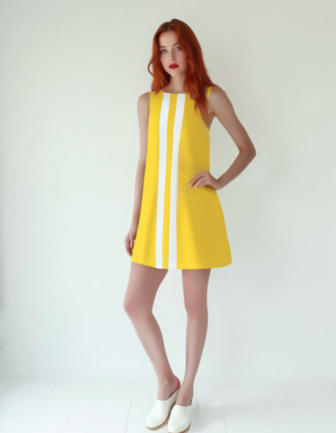 60s Mod Yellow Mini Dress | Sleeveless Yellow Tent Dress | Vintage Yellow Stripe 60s Style Gogo Dress