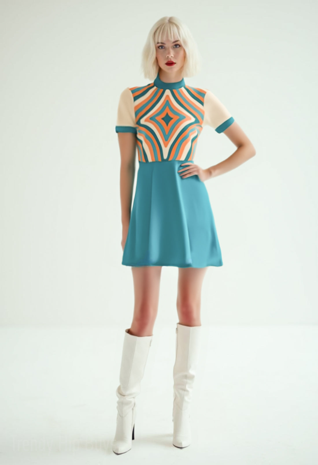 60s Dress Style Turquoise Mod Mini Dress | Op Art Geometric GoGo Dress