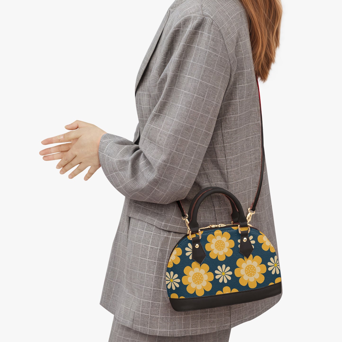 Vintage Mod Yellow Floral Blue Handbag | 60s 70s Retro Half Moon Crossbody Bag with Adjustable Shoulder Strap | PU Leather Statement Handbag for Women