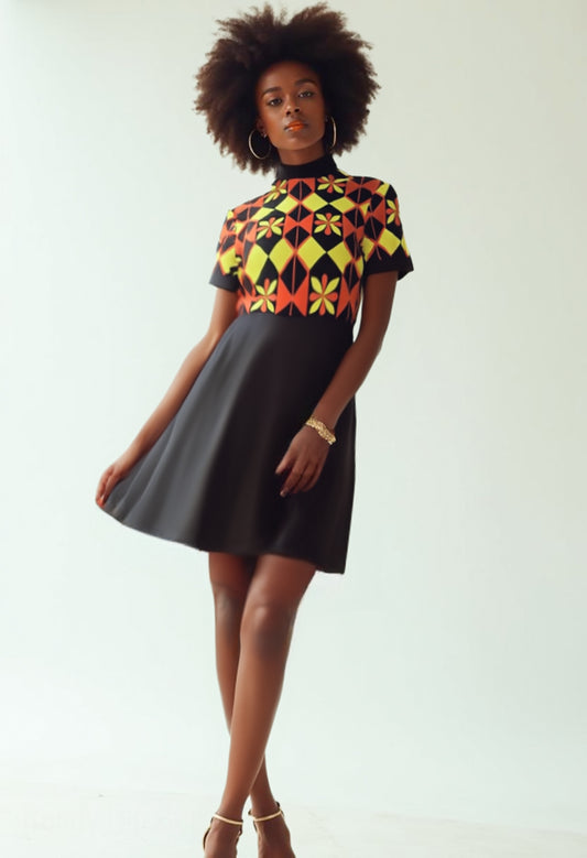 60s Space Age Mod Dress | Retro Geometric GoGo Mini Dress | Brown Turtleneck Vintage A-Line Dress