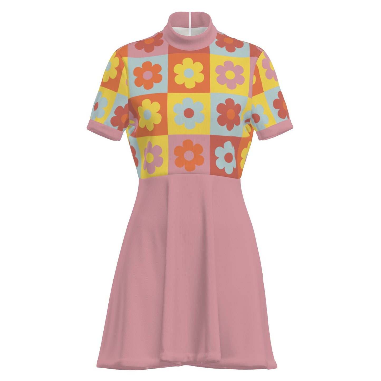 60s Dress Style, Pink Floral Mod Mini Dress,  Retro Mod Pink GoGo Dress, 60s Turtleneck Dress
