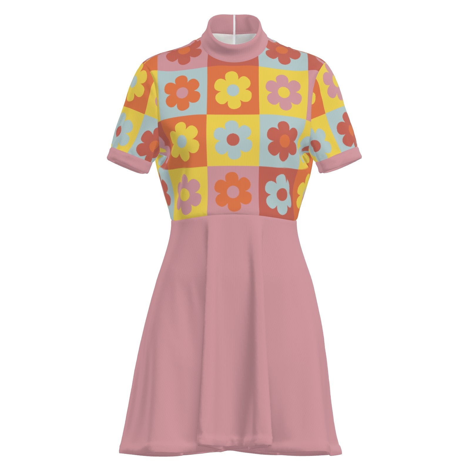 60s Dress Style, Pink Floral Mod Mini Dress,  Retro Mod Pink GoGo Dress, 60s Turtleneck Dress