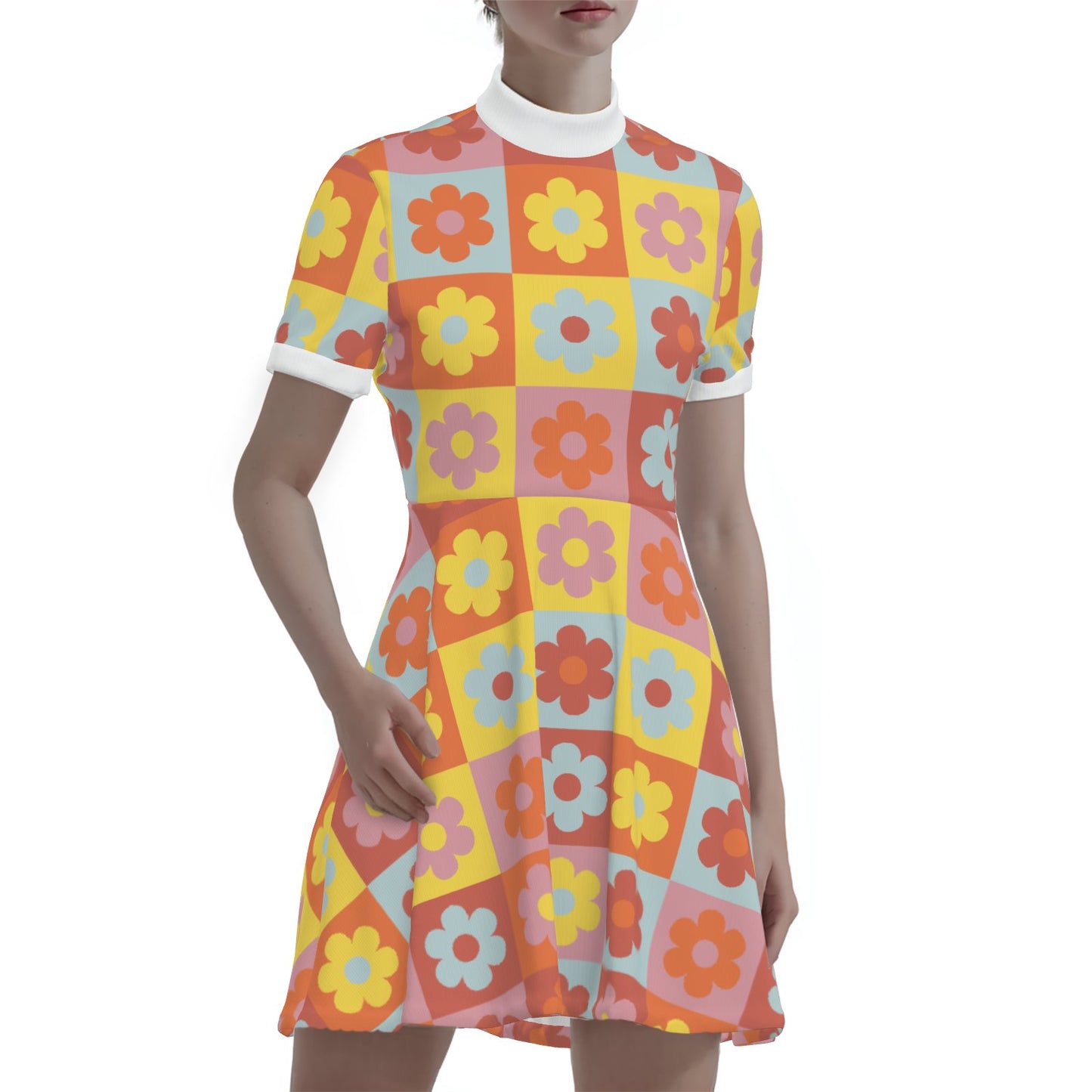 60s Floral Mod Mini Dress Retro Turtleneck A-Line GoGo Dress
