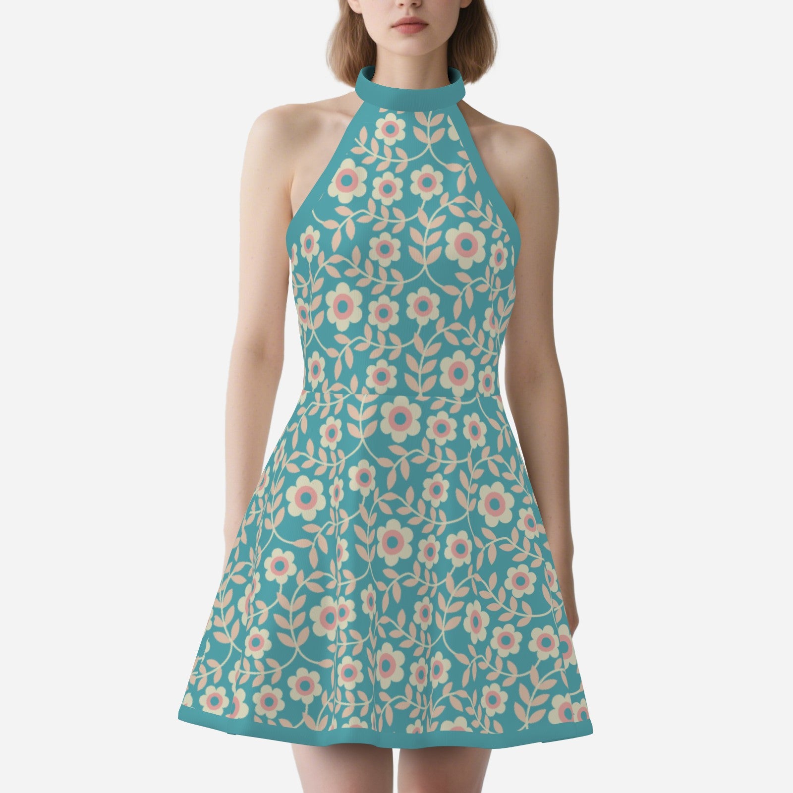 Vintage 60s Style Dress, Retro Turquoise Dress, Mod Turquoise Halter mini Dress, Retro Floral Mini Dress