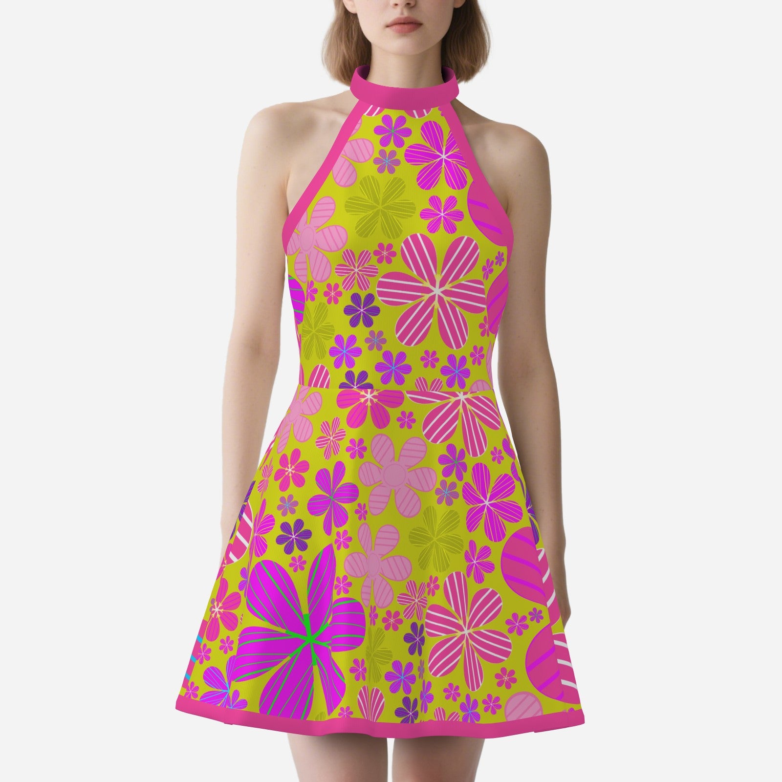 Mod 60s Style Dress | 70s Hippie Retro Halter Mini Dress | Neon Pink & Green Floral Sleeveless A-Line Dress |