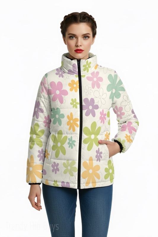Women’s Mod 60s Puffer Jacket | Retro Floral Cotton Filled Winter Jacket | Vintage Inspired Coat