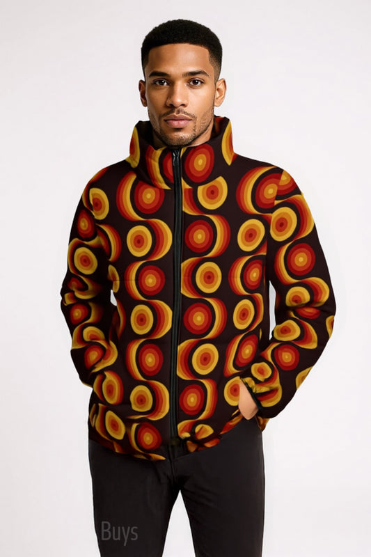 Unisex 70s Hippie Puffer Jacket | Brown Geometric Retro Winter Jacket | Vintage 70s Style Cotton Filled Coat