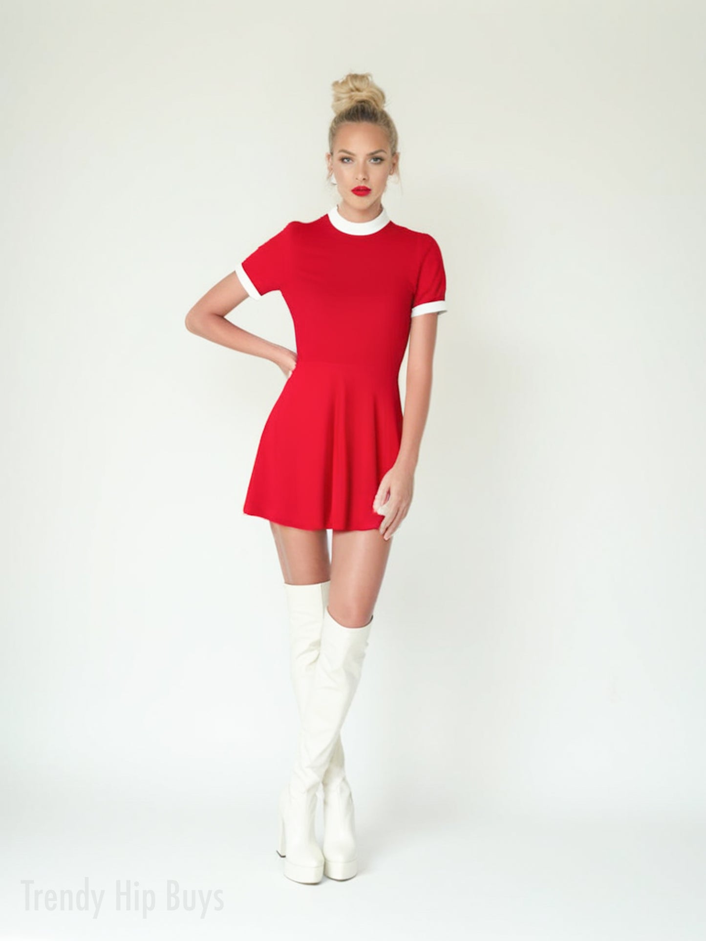 60s Mod Red Mini Dress | Retro Red and White Turtleneck A-Line Mini Dress