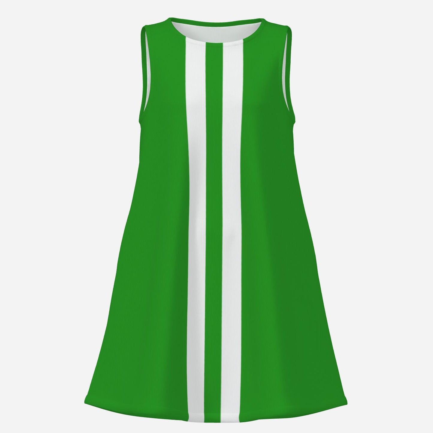 60s green go-go mini dress with white stripe detail, scoop neckline, sleeveless tent silhouette, and pockets. Vintage mod dress by Trendy Hip Buys.