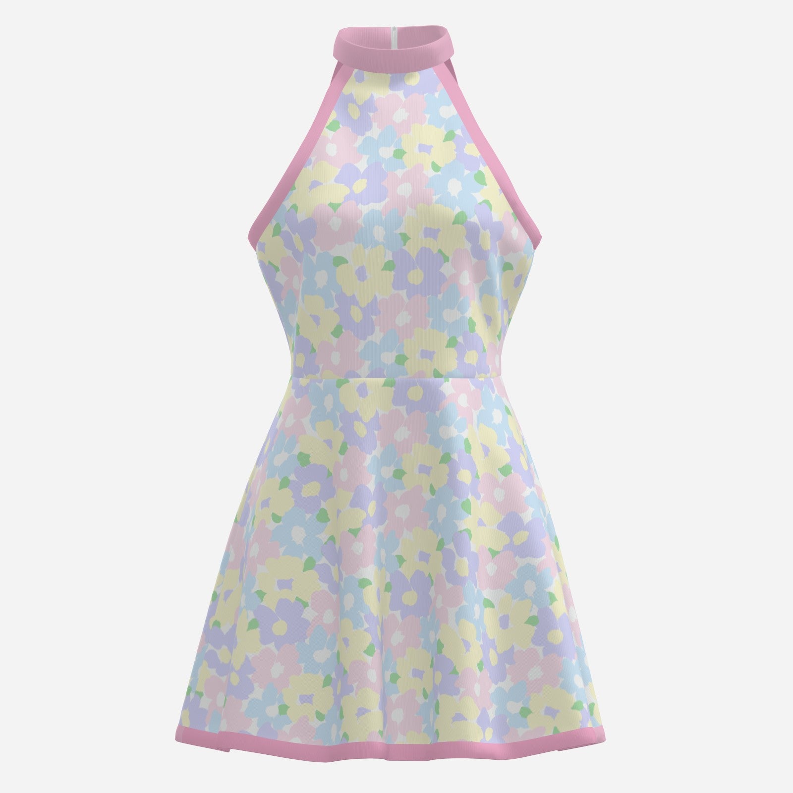 Mod 60s dress style, Vintage Style Dress, Pink Pastel floral mini dress, Sleeveless Retro Halter Dress