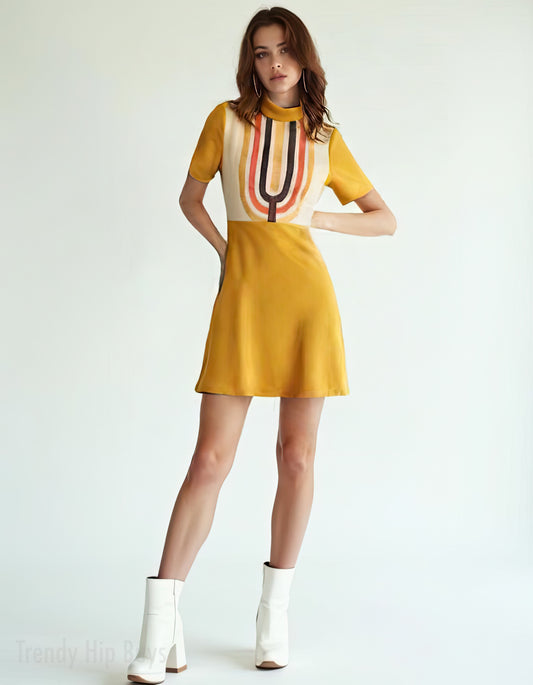 Retro 60s Mustard Yellow Mod Dress | Geometric Print Mini | Turtleneck Go-Go Dress