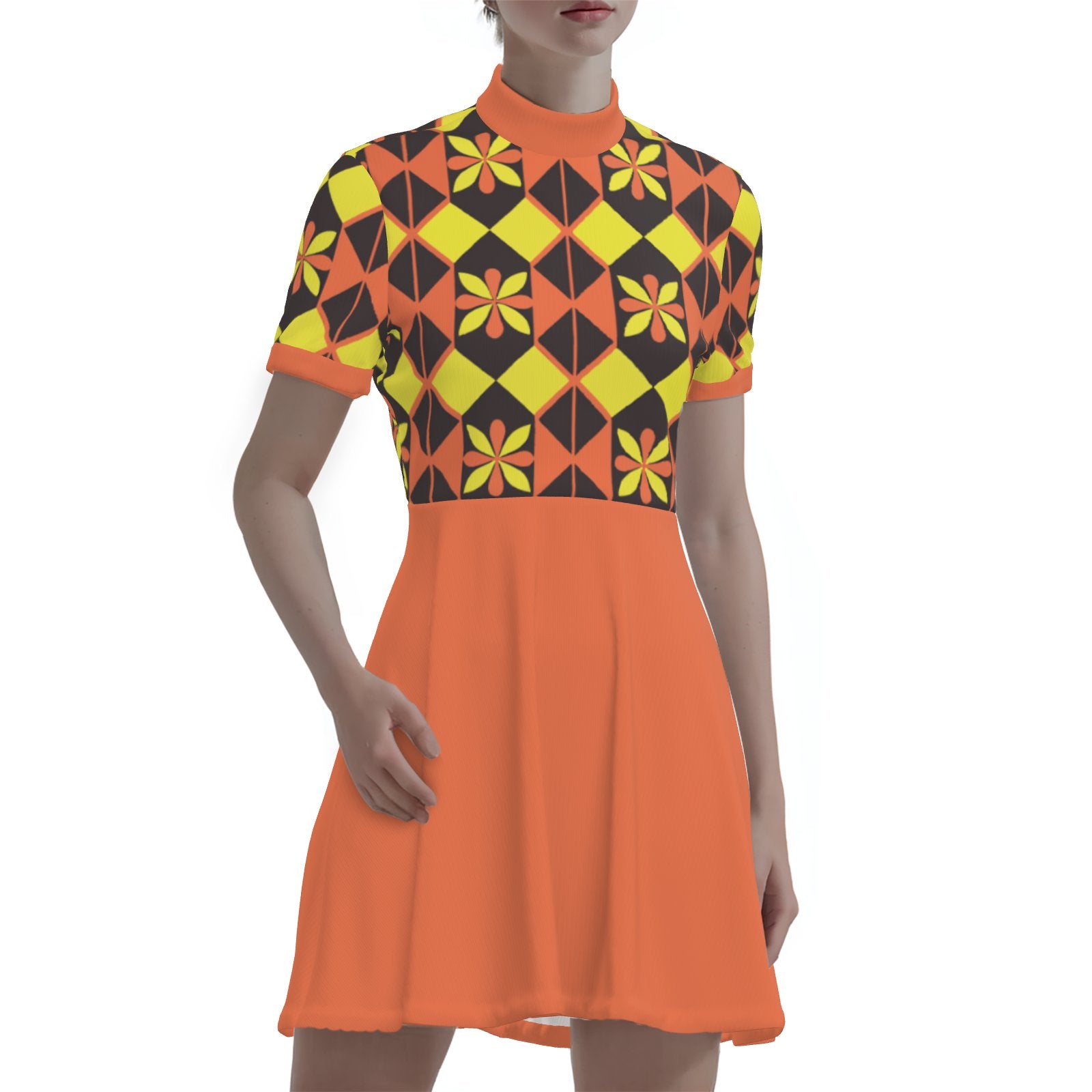 Mod Orange Dress, 60s inspired Dress, Space Age Retro Geometric Turtleneck GoGo Mini Dress