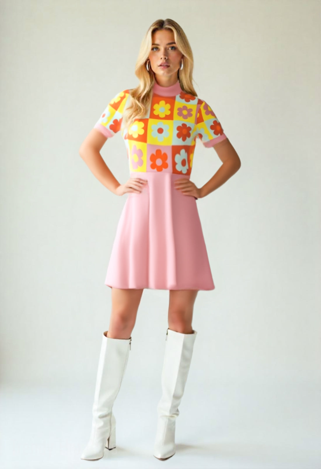 60s Dress Style, Pink Floral Mod Mini Dress,  Retro Mod Pink GoGo Dress, 60s Turtleneck Dress