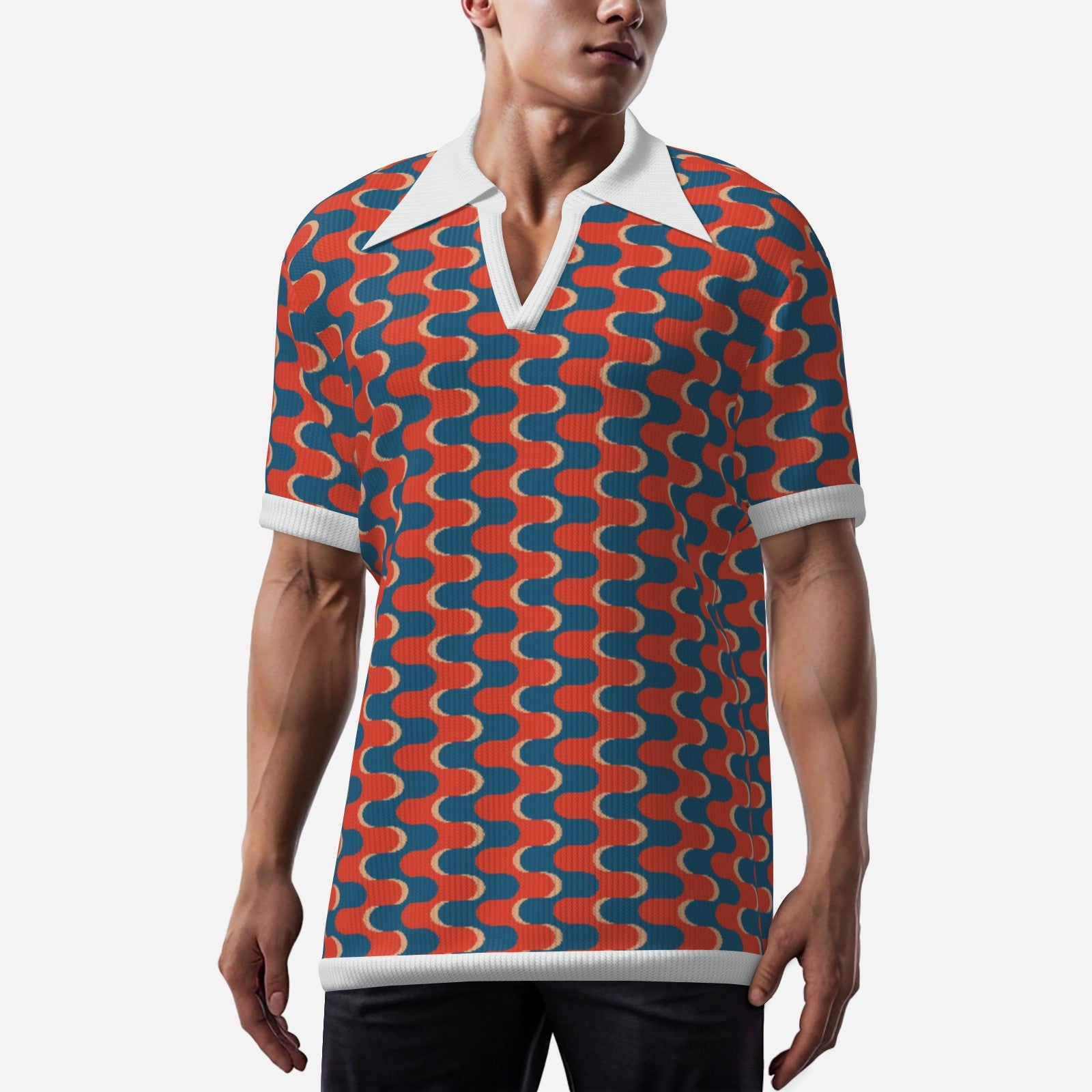 Retro Polo Shirt, 70s Polo Shirt Style, Red Blue Op Art Shirt, Wing Collar Shirt, Retro Knit Polo