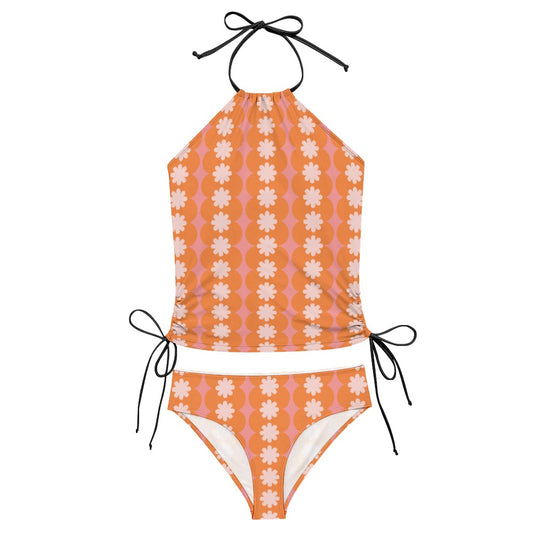 Retro Bikini, Pink Mod 60s inspired floral Tankini, Retro Halter Tankini, Pink Orange Bikini Set
