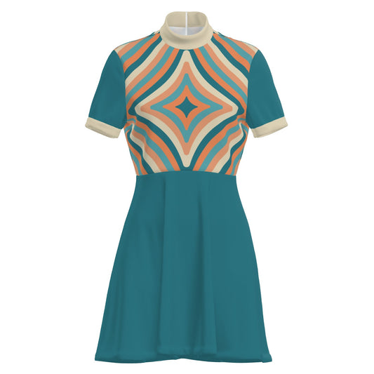 60s Style Turquoise Mod Mini Dress | Op Art Geometric GoGo Dress | Retro Turtleneck Dress