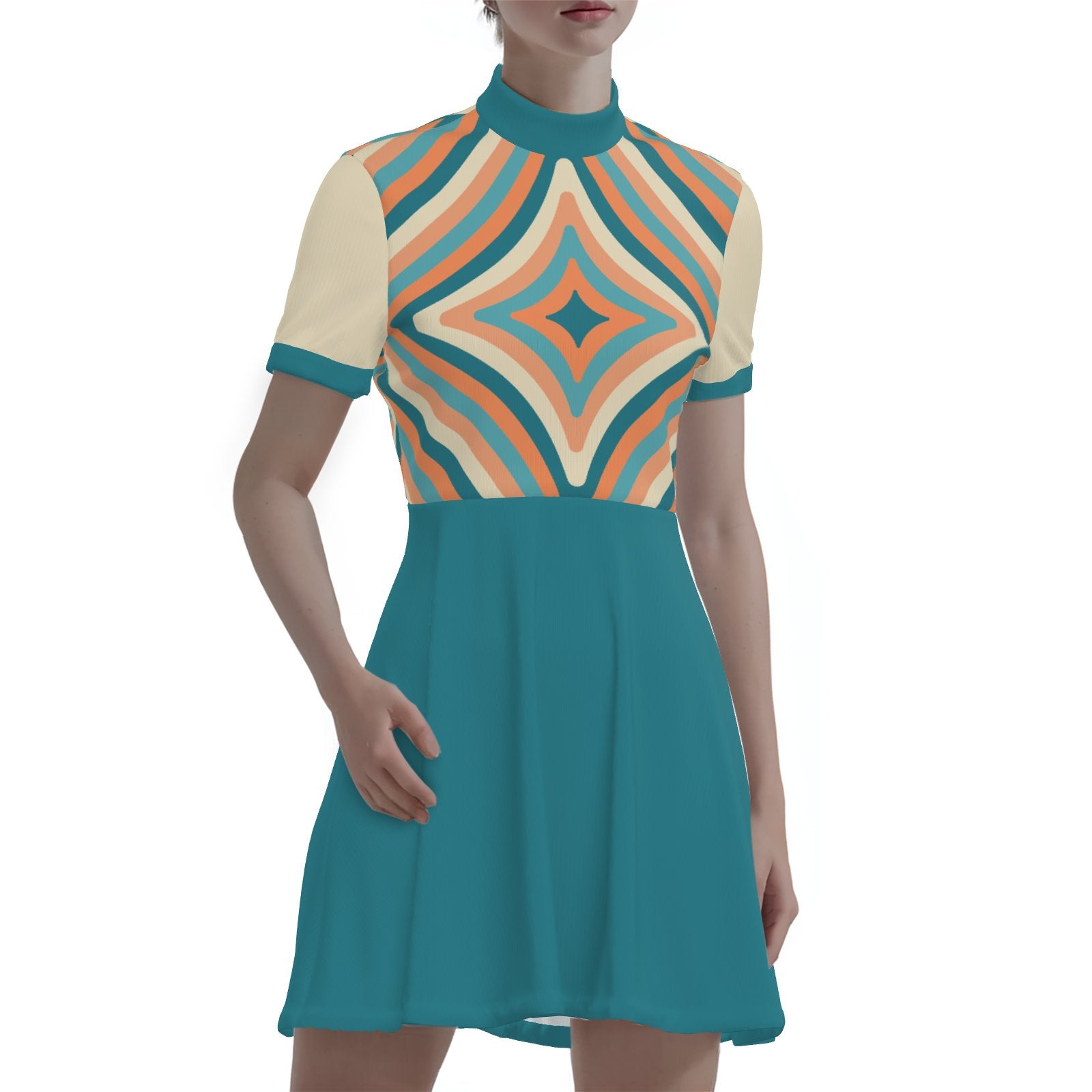 60s Dress Style Turquoise Mod Mini Dress | Op Art Geometric GoGo Dress | Retro Turtleneck Dress