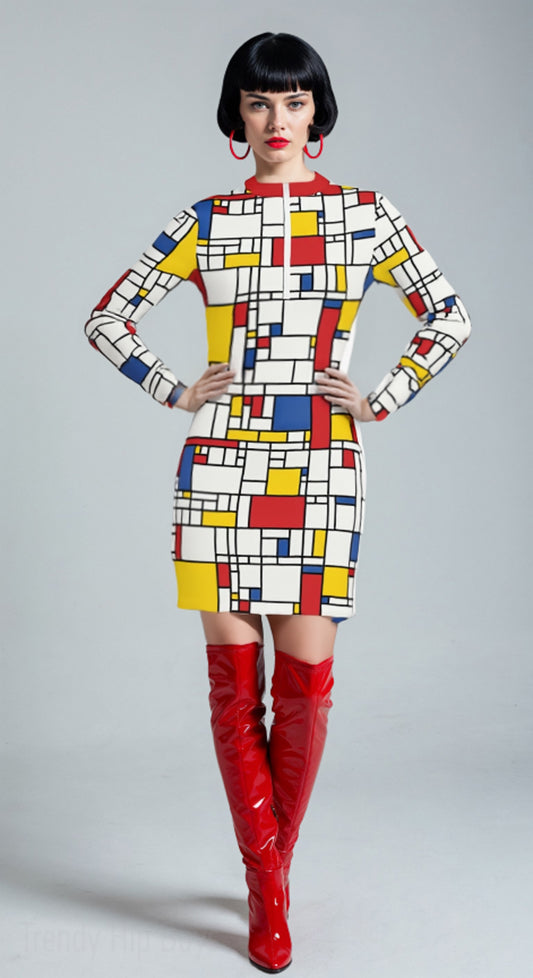 60s Mondrian Dress | Red Blue Geometric GOGO Dress | Retro Shift Mini | Vintage Mod Color-Block Dress | Piet Mondrian Inspired Dress