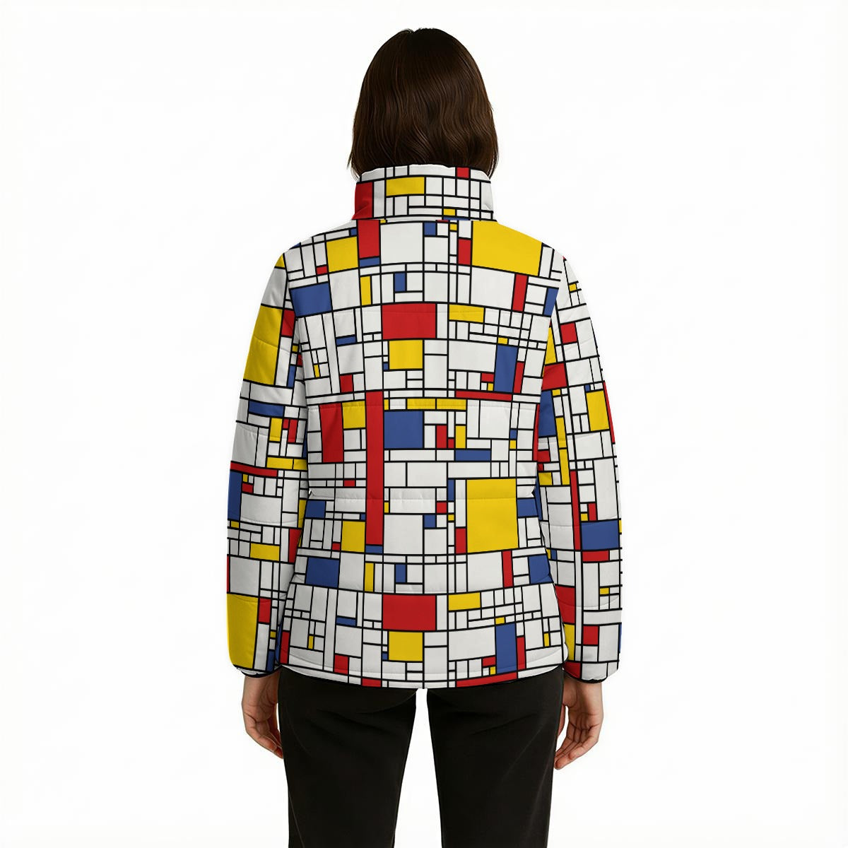 Unisex Retro Mondrian Puffer Jacket | Vintage Geometric 60s Style Puffer Jacket