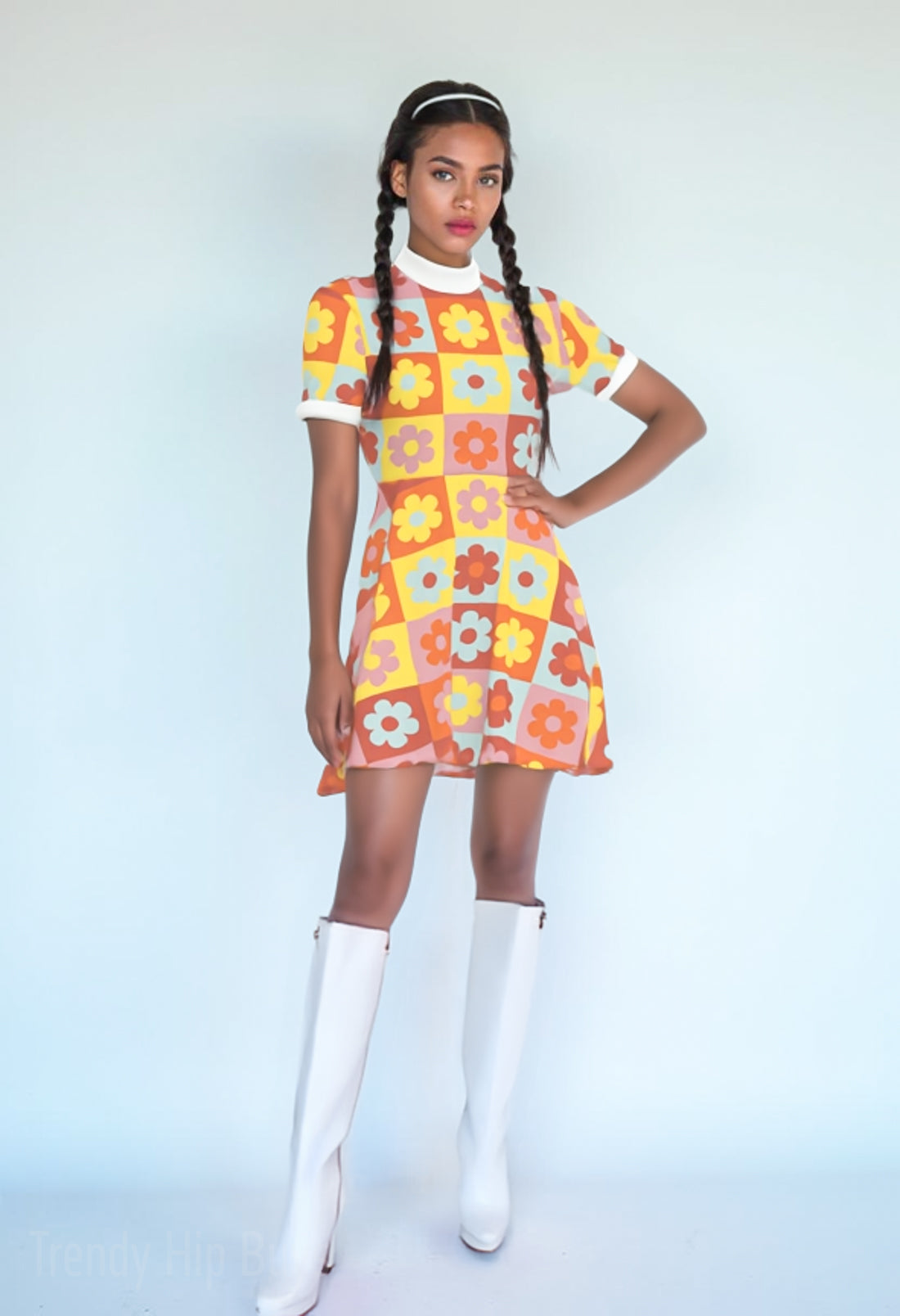 60s Floral Mod Mini Dress Retro Turtleneck A-Line GoGo Dress Multicolor / 5XL