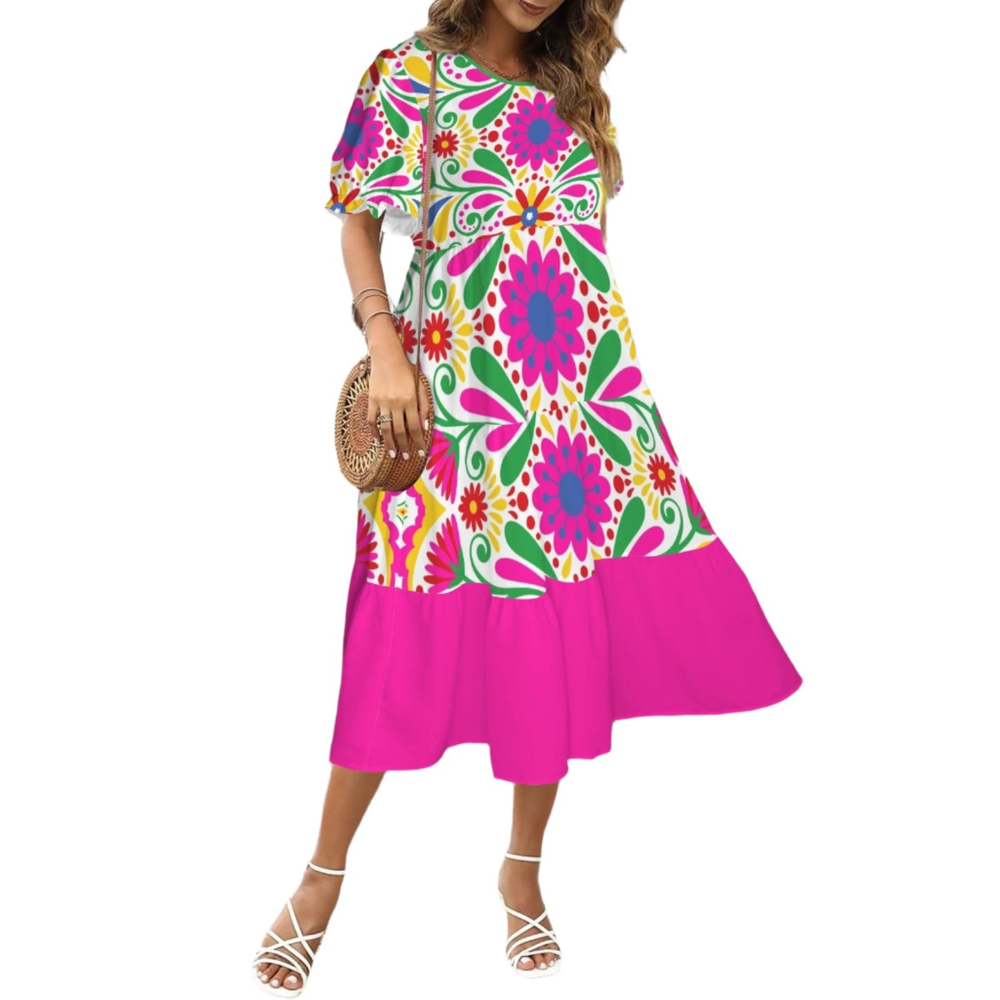 Multicolor hippie floral Ethnic babydoll Midi Dress