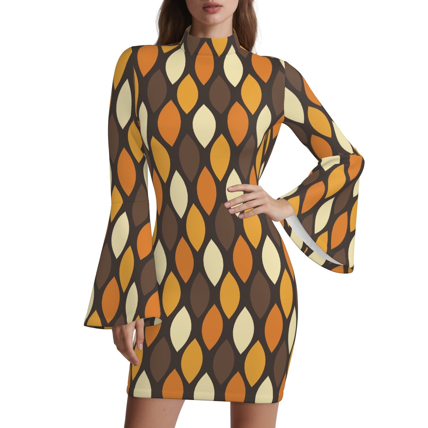 70s Style Dress | Mustard Yellow & Brown Geometric Bell Sleeve Mini Dress | Retro Turtleneck Disco Shift Dress