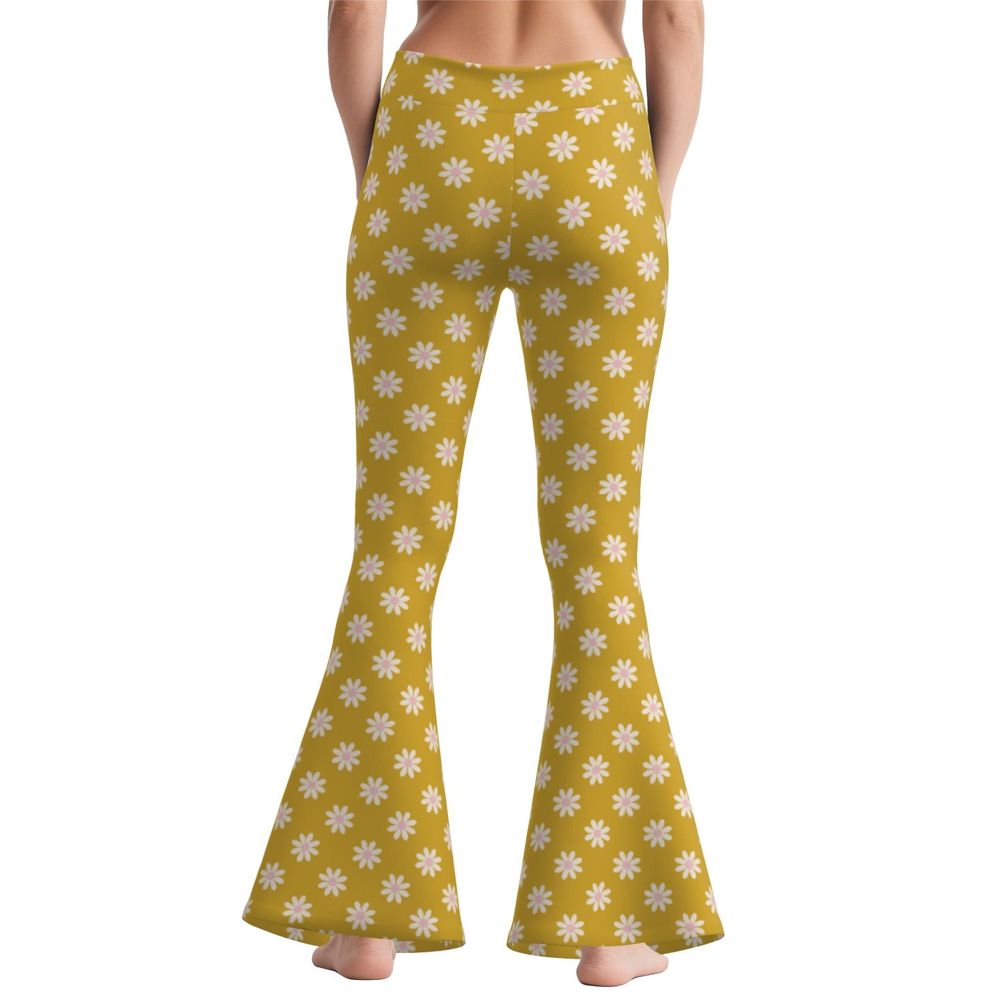 70s Mustard Floral Bell Bottom Pants | Retro Wide Leg Yoga Pants | Vintage Style High Waist Flare Pants