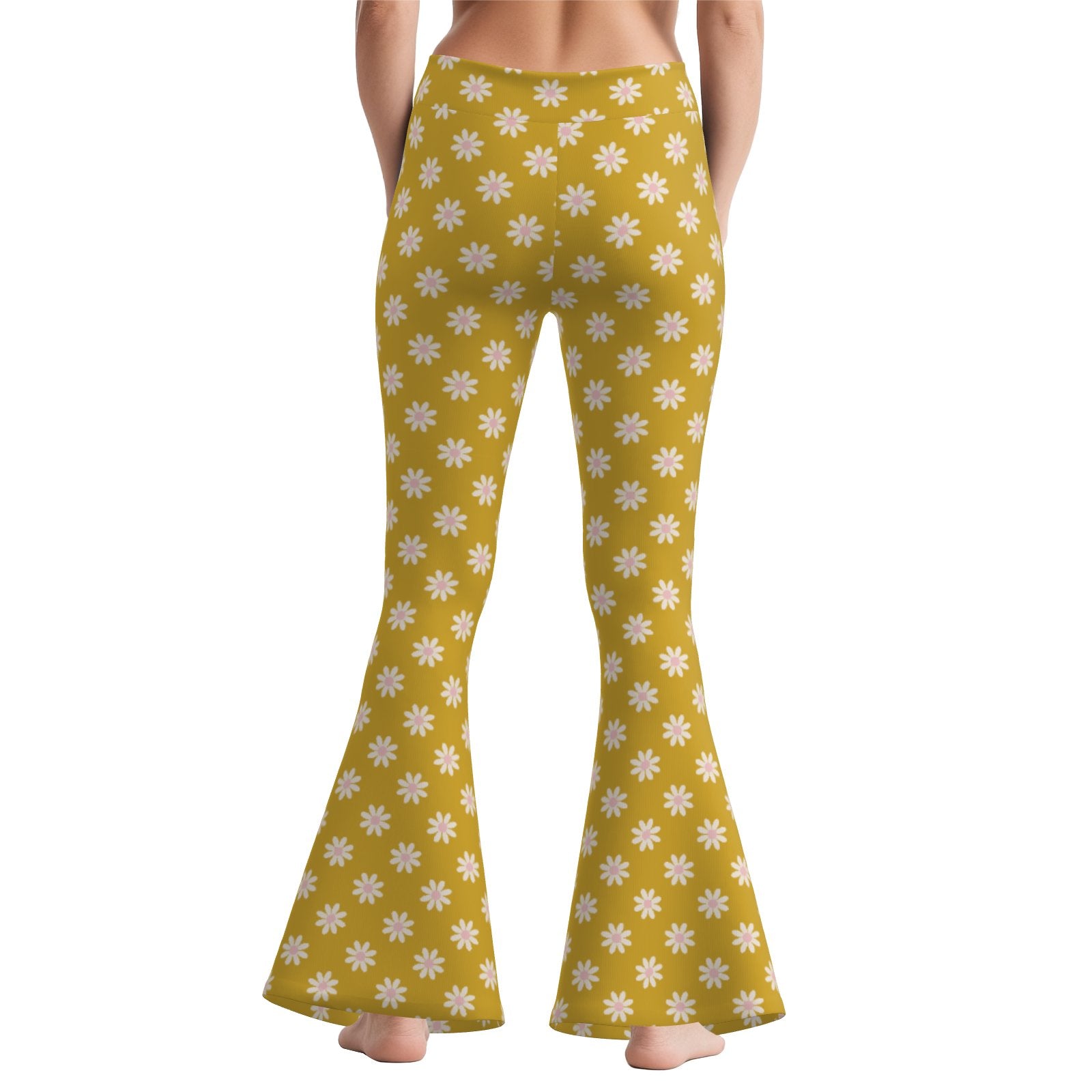 70s Mustard Floral Bell Bottom Pants | Retro Wide Leg Yoga Pants | Vintage Style High Waist Flare Pants