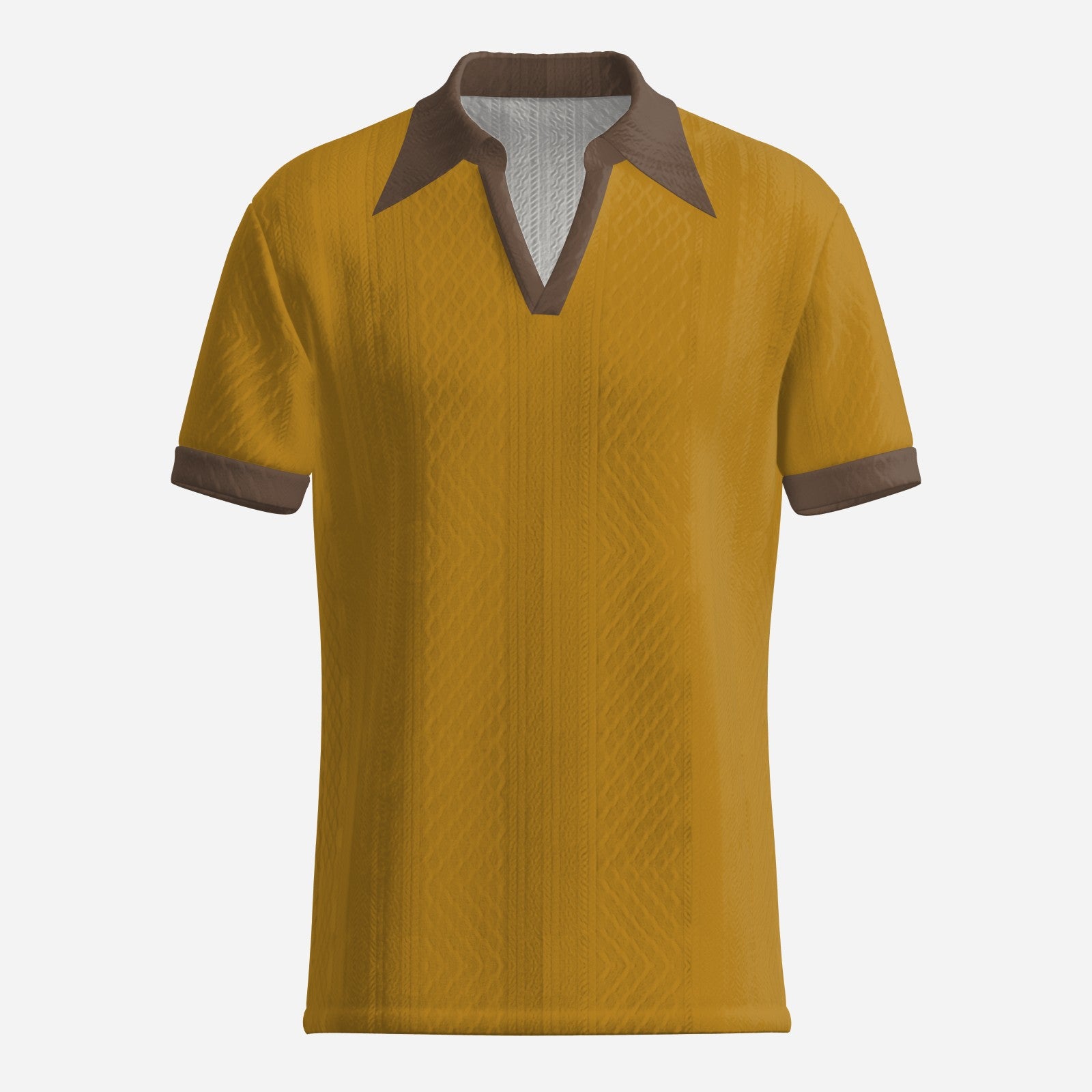 70s Style Polo Shirt | Retro Mustard Yellow Jacquard Knit Polo | Vintage Dagger Collar Polo Shirt 