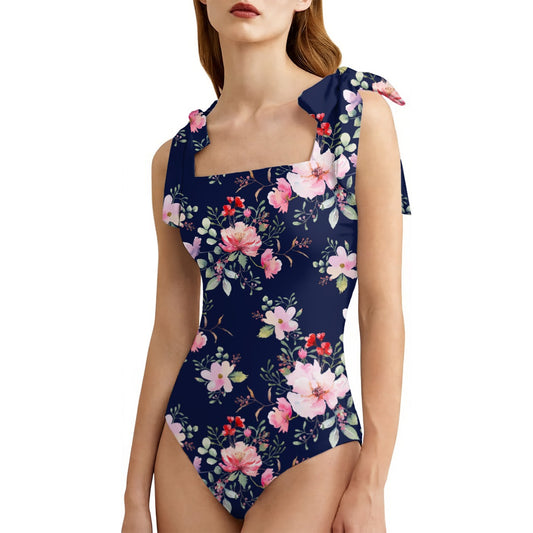 Chic Shoulder Bow Tie Blue Pink Floral Swimsuit | Romantic Floral One Piece Swimsuit | Women’s Feminine Blue Pink Swimwear | Classic Vintage Inspired Swim Costume | Square Neckline Scoop Back Swimwear