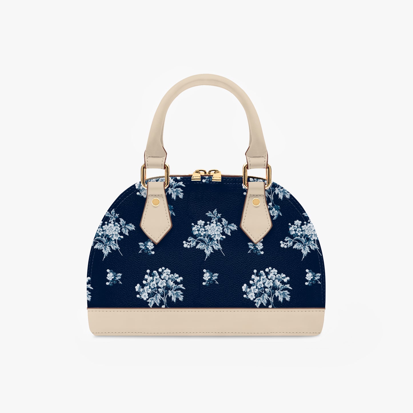 Romantic navy blue floral half moon handbag with delicate vintage-inspired floral print. Small crossbody purse with black or beige handles for casual or formal wear.