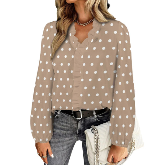 Nude Brown Polka Dot Ruffle Top