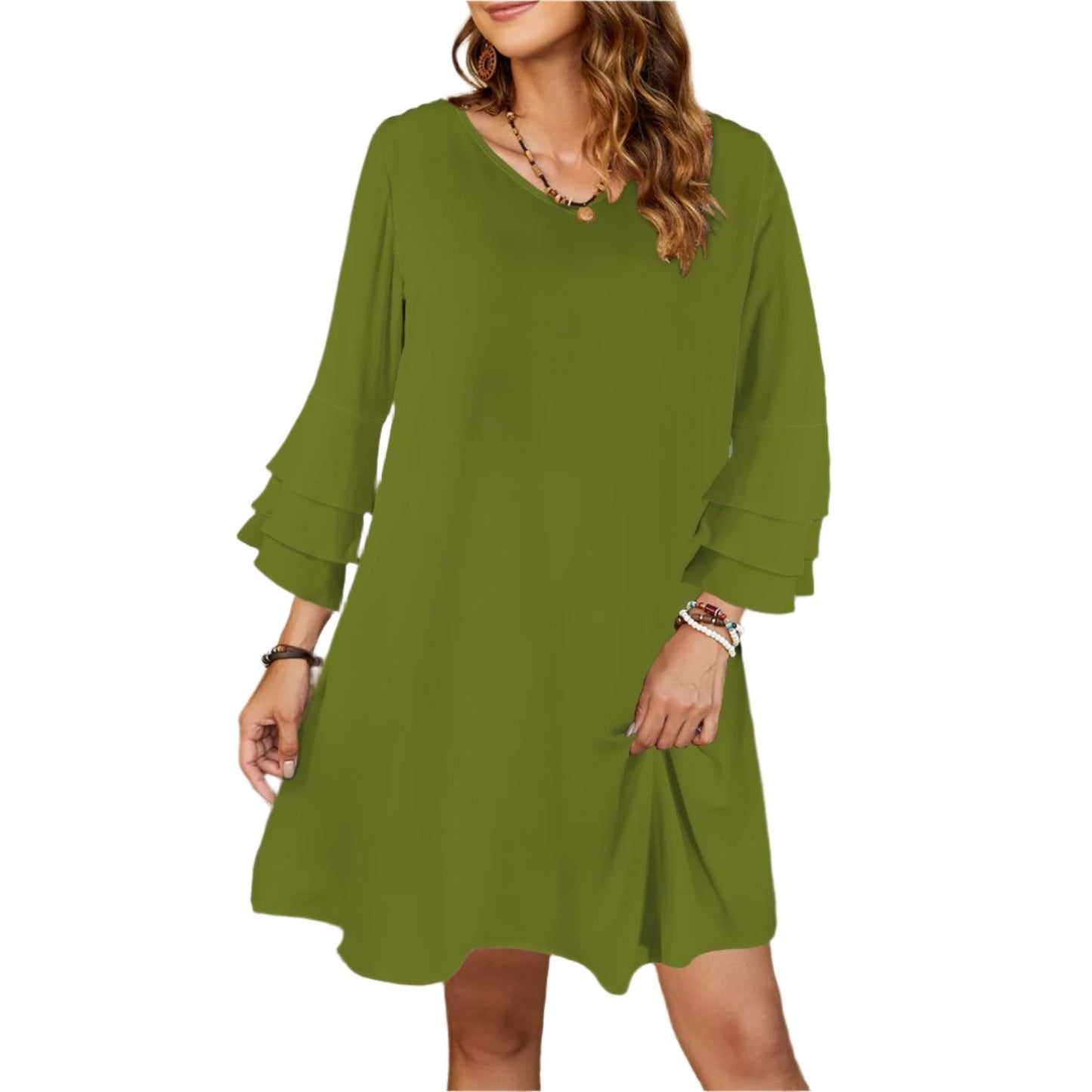 Olive Green Tier Bell Sleeve Dress