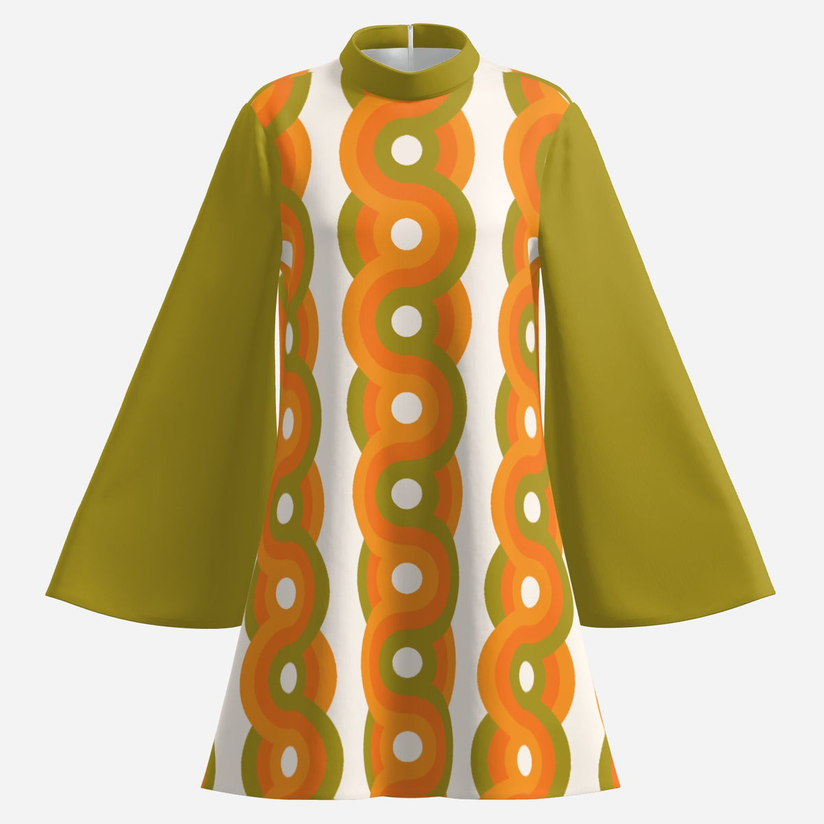 Women's 70s Olive Green Bell Sleeve Dress | Retro Geometric Orange Green Tent Dress | 70s Turtleneck Mini Dress