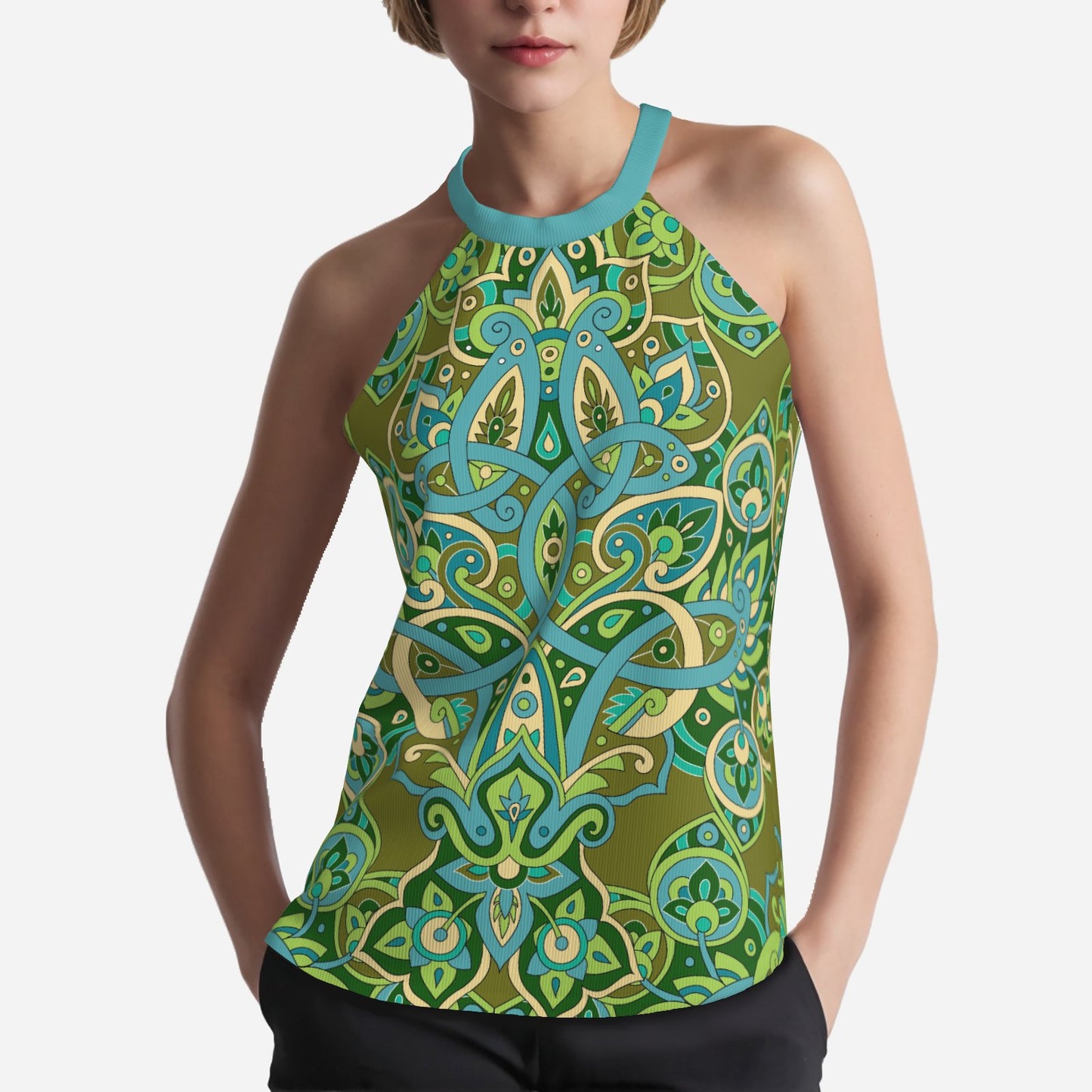 70s Olive Green Halter Top | Retro 70s Hippie Top | Vintage Disco Sleeveless Blouse