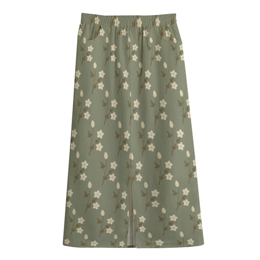 Olive Green A-Line Skirt │ Cotton Mini Floral Print Midi Skirt │ Trendy Hip Buys Exclusive 
