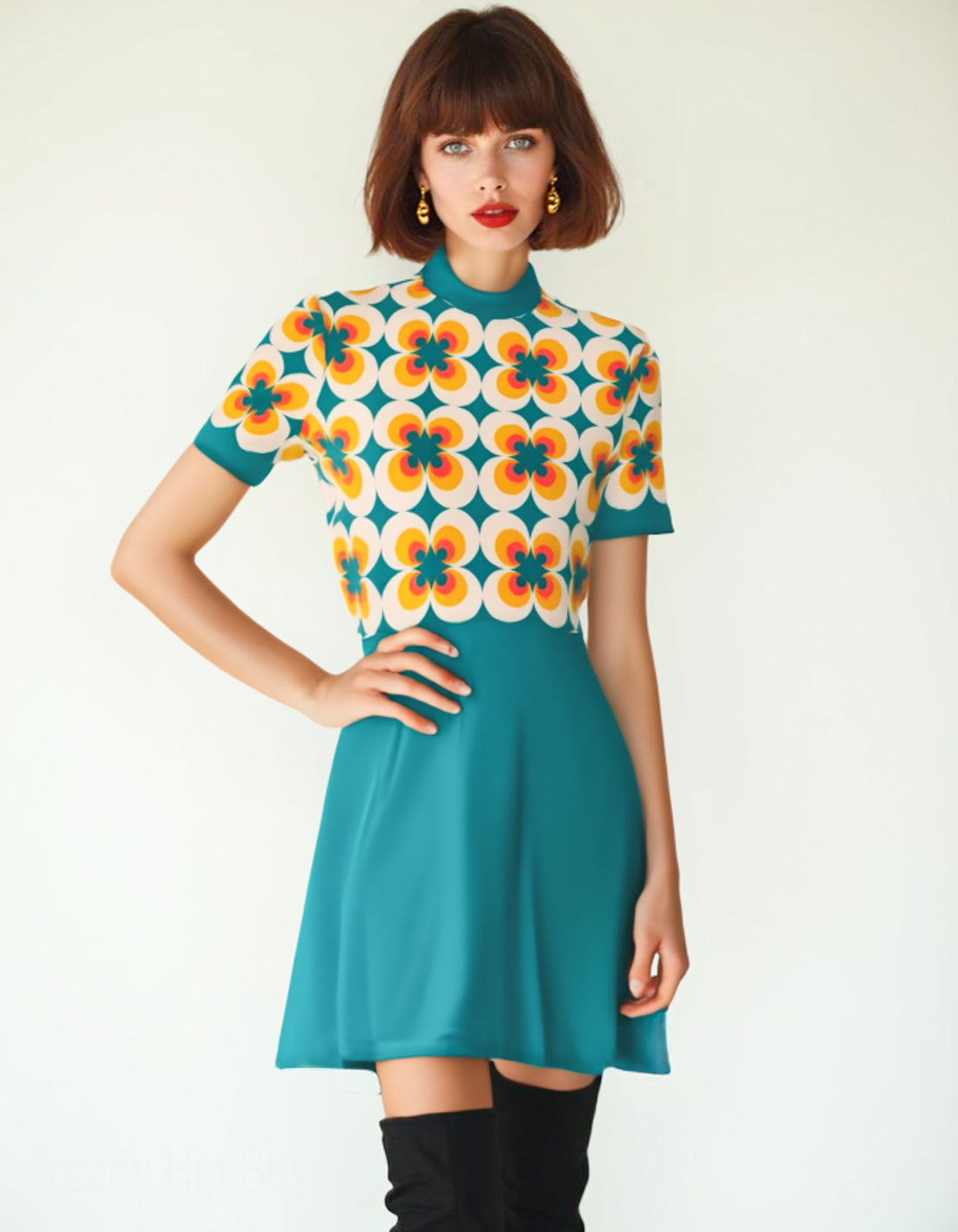 60s Turquoise Mod Mini Dress Retro Geometric Turtleneck GoGo Dress