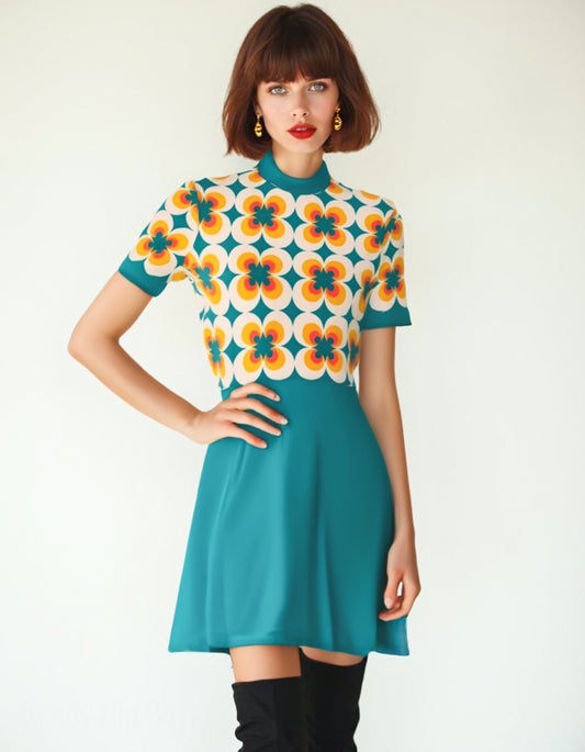 60s Turquoise Mod Mini Dress Retro Geometric Turtleneck GoGo Dress