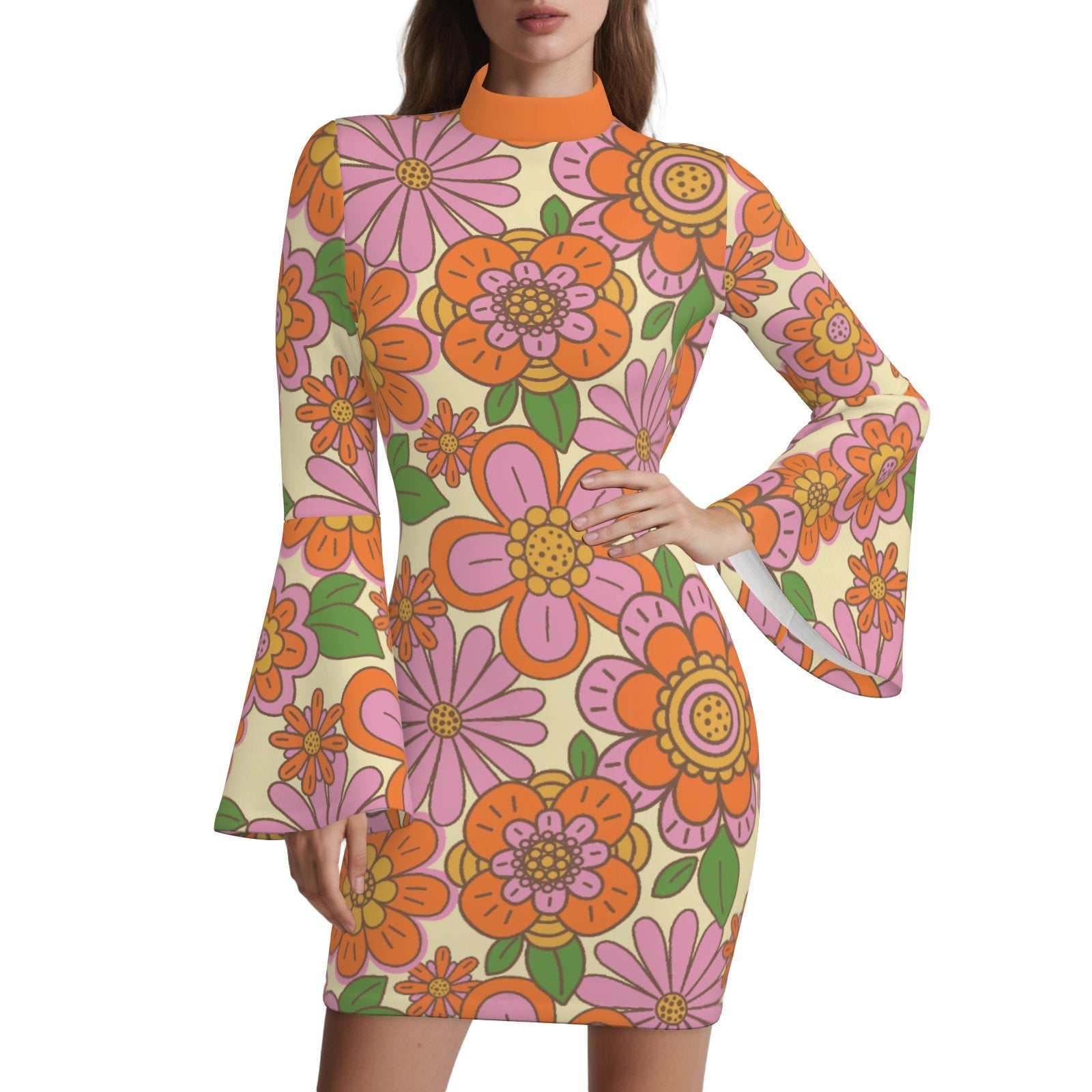 70s Style Dress | Orange Floral Bell Sleeve Mini Dress | Retro Turtleneck Disco Shift Dress