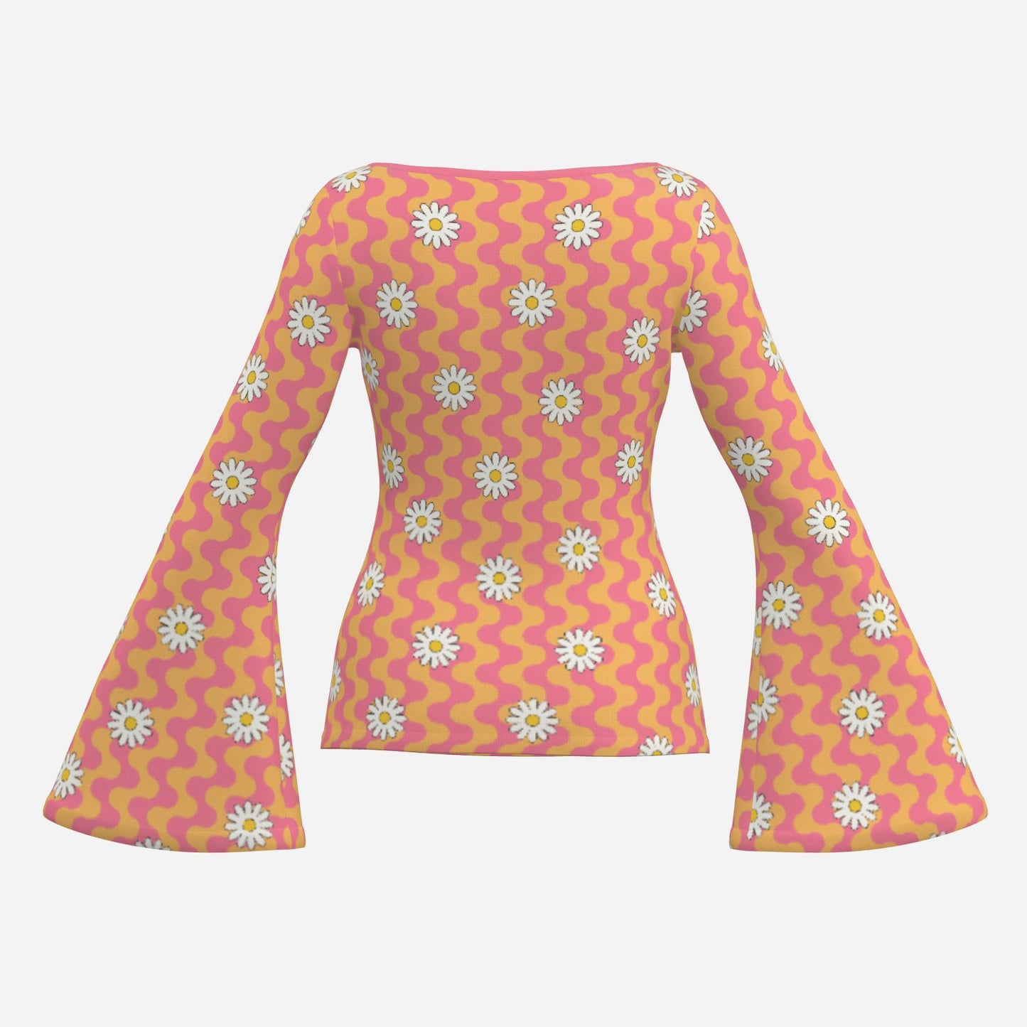 70s Orange Pink Bell Sleeve Top | Women's Retro Hippie Floral Shirt | Vintage Bell Sleeve T-Shirt | Boho Long Sleeve Blouse