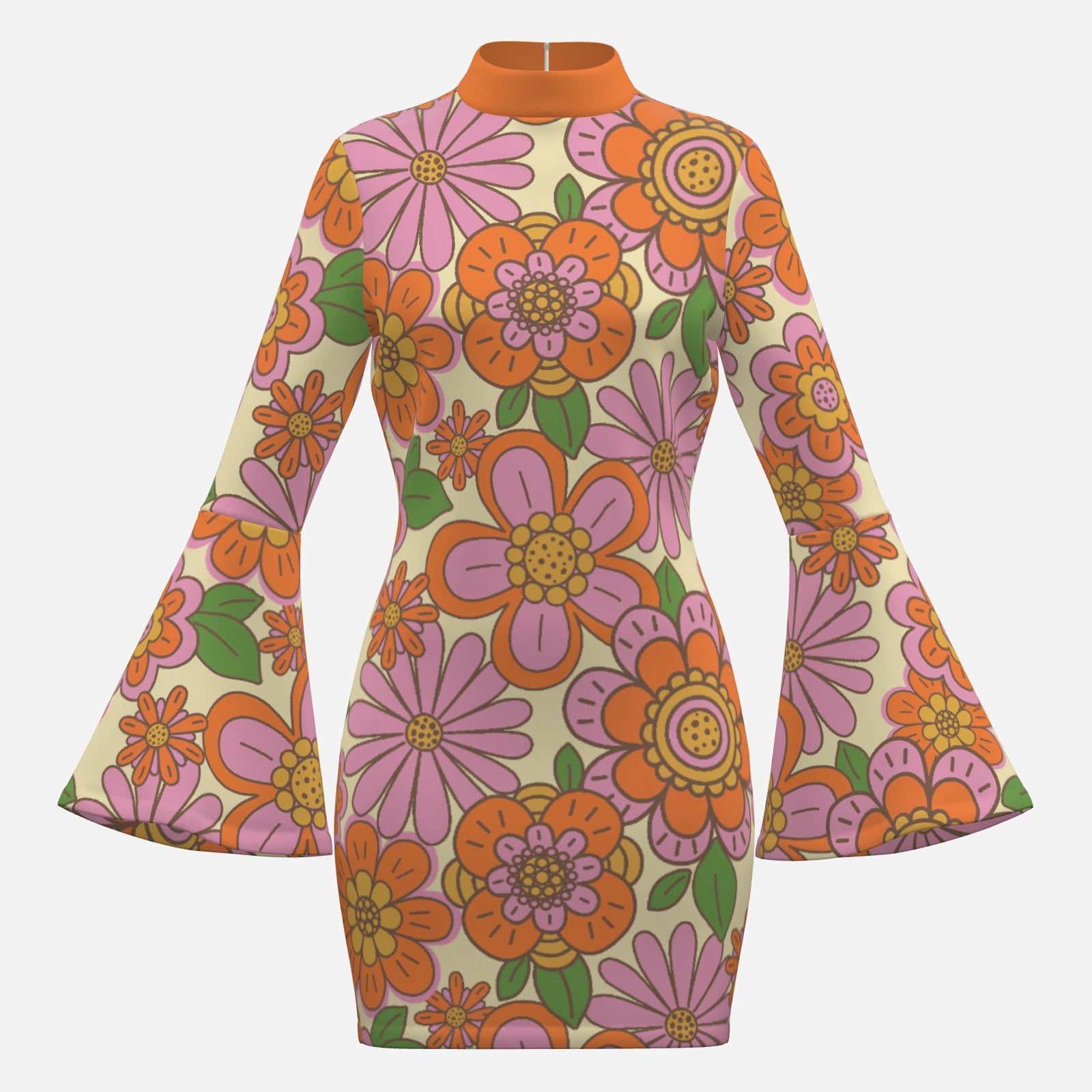 70s Style Dress | Orange Floral Bell Sleeve Mini Dress | Retro Turtleneck Disco Shift Dress