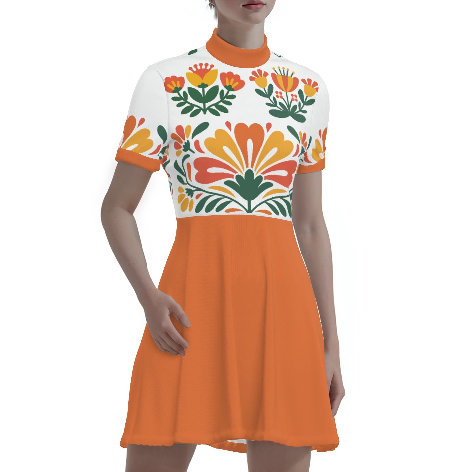 60s Orange Mod Mini Dress Retro Floral Turtleneck GoGo Dress