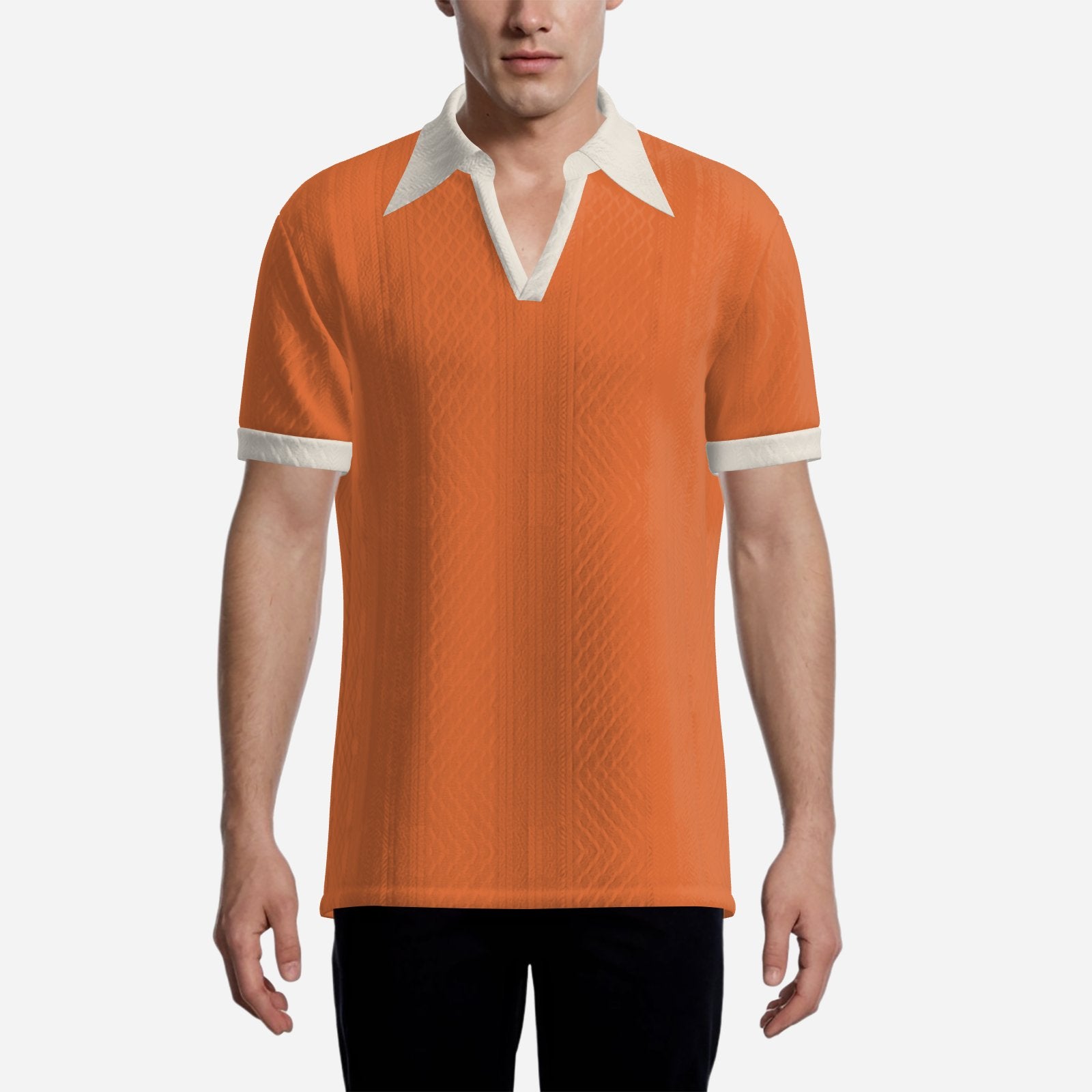 70s Style Polo Shirt | Retro Orange Jacquard Knit Polo | Dagger Collar Polo Shirt | Disco Shirt