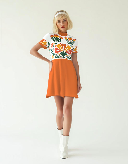 60s Orange Mod Mini Dress Retro Floral Turtleneck GoGo Dress