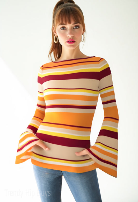 70s Maroon Orange Bell Sleeve Top | Retro Stripe Long Sleeve T-Shirt | Groovy 70s Hippie Top | Trendy Hip Buys