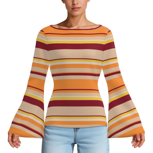 Women's 70s Bell Sleeve Top, Maroon Orange Stripe Top, Retro 70s T-shirt Women, Groovy Stripe Top Women